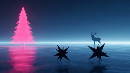 A pink christmas tree and a deer silhouette with abstract star shapes in a blue landscape