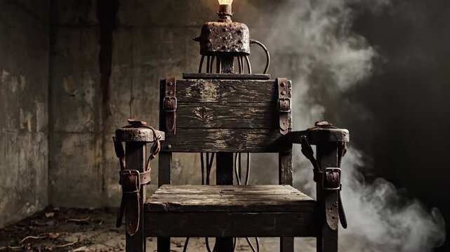 Vintage electric chair execution device sitting in dark smoky abandoned prison chamber