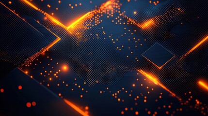 Abstract digital landscape with glowing orange dots and lines on dark geometric surfaces creating a futuristic high-tech atmosphere
