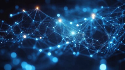 Abstract digital network of interconnected glowing blue nodes and lines representing data flow or communication in a dark space