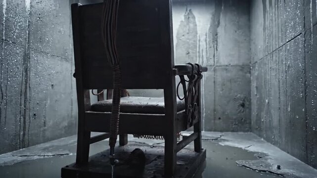 Electric chair in dark prison execution room with wet concrete walls and dramatic moody lighting