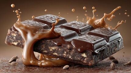 Realistic chocolate bar half-melted, transparent background for dessert branding, food packaging, advertisement use, detailed texture, shiny gloss reflection, delicious tone, balanced lighting