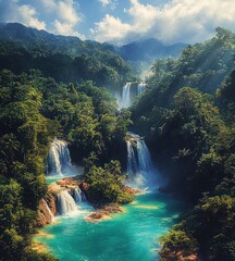 Fototapeta premium Lush green tropical forest with multiple cascading waterfalls flowing into a turquoise river under a partly cloudy sky with sun rays piercing through
