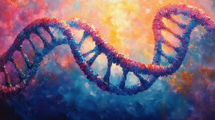 Colorful and textured artistic representation of a double helix DNA strand with vibrant shades of blue, purple, pink, orange, and yellow creating a dynamic and energetic mood