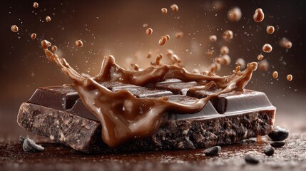 Realistic chocolate bar half-melted, transparent background for dessert branding, food packaging, advertisement use, detailed texture, shiny gloss reflection, delicious tone, balanced lighting