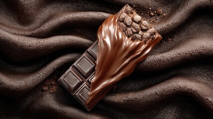 Realistic chocolate bar half-melted, transparent background for dessert branding, food packaging, advertisement use, detailed texture, shiny gloss reflection, delicious tone, balanced lighting