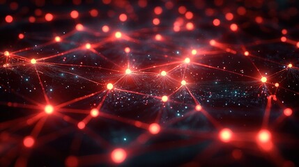 Abstract digital network with interconnected glowing red nodes and lines on a dark background conveying connectivity and data transmission