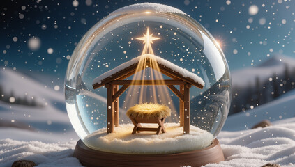 Nativity manger inside a glowing snow globe on snowy landscape with radiant star and falling snow ideal for Christmas background seasonal storytelling and faith themed design concepts