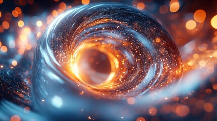 Close-up view of a swirling vortex of blue and orange light particles creating a dynamic and mesmerizing glowing tunnel effect