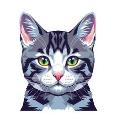Detailed illustration of a gray tabby cat's face with striking green eyes and pink nose on a white background