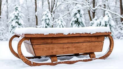 Obraz premium A wooden sled covered in fresh snow sits in a winter forest with snow covered trees in the background