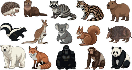 Set of diverse wild animals including raccoon fox panda koala monkey bear and woodland creatures in detailed cartoon vector illustration © Abdul