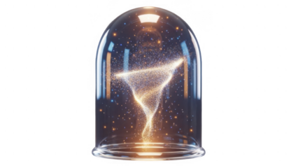 Abstract glowing energy vortex swirling within a clear glass dome isolated on transparent background