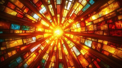 Radiant circular stained glass window with warm orange, yellow, red, and blue tones creating a sunburst effect filled with glowing light