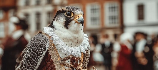a close-up view of a falcon wearing ornate clothing, with blurred people in the background