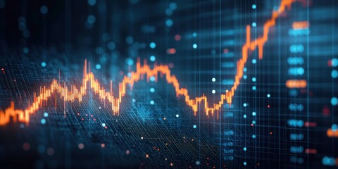 Digital financial graph with rising and falling orange line chart on a dark blue grid background representing stock market trends and data analysis