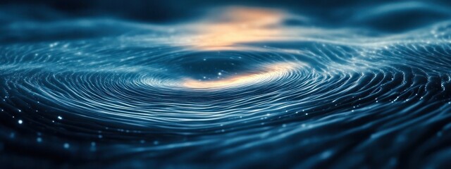 Dark blue rippling water surface with circular waves reflecting warm light from above, creating a calming and mesmerizing pattern