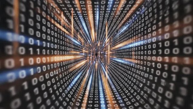 Abstract Digital Tunnel with Binary Code and Glowing Light Streaks Orange and Blue Color Scheme Speed Motion Background
