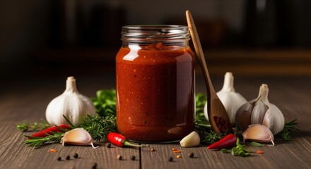 A spicy tomato sauce in a jar with garlic and chili peppers on a wooden table
