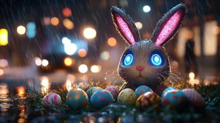 glowing neon-eyed bunny with illuminated pink ears surrounded by colorful decorated eggs on rainy grass at night with blurred city lights