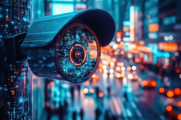 Close-up of a futuristic surveillance camera with glowing circuit patterns overlooking a blurred urban city street filled with lights and vehicles at night