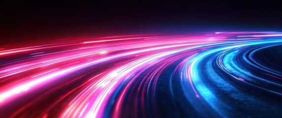 Curved streaks of neon pink, purple, and blue light trails on a dark surface creating a dynamic, futuristic, and energetic visual effect