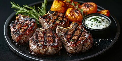 Plate with four grilled lamb chops with grill marks, roasted yellow cherry tomatoes, a small bowl of creamy herb sauce, and fresh rosemary on a black plate