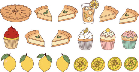 Set of lemon themed desserts including pies cupcakes slices lemonade and fresh citrus fruits in cute colorful vector illustration