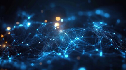 Glowing blue network of interconnected nodes and lines with scattered orange lights in a dark, abstract digital space