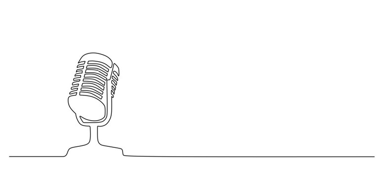 continuous single line drawing of handwritten word PODCAST and microphone and headphones  podcasting concept line art vector illustration