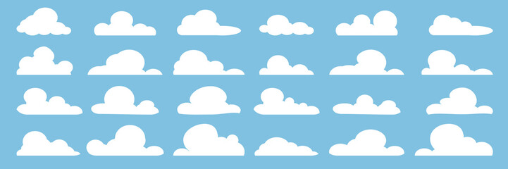 set of vector illustrations of clumpy clouds, cloud bubbles in flat style on a blue background