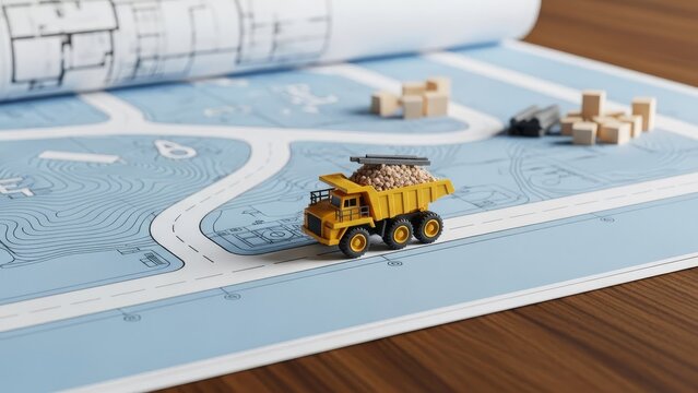Strategic urban planning model featuring a miniature dump truck on a detailed road map, symbolizing comprehensive real estate development and future infrastructure growth projects