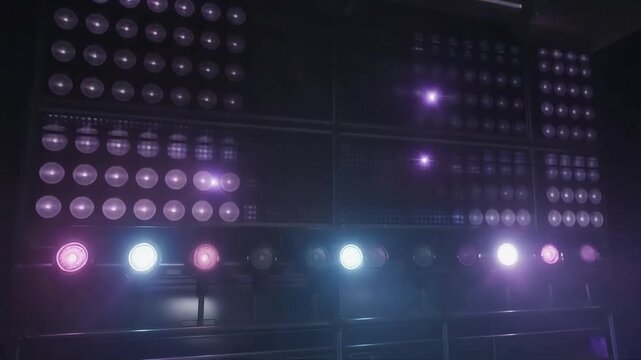Intense strobe lights flashing in slow rhythm as massive LED screens fade in