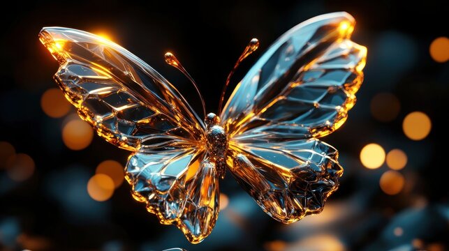 Close-up of a translucent glass butterfly sculpture illuminated by warm glowing lights on a dark background, creating a delicate and magical atmosphere
