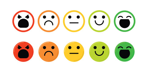 Customer Satisfaction Rating Scale. Set of Colorful Feedback Icons. Emojis Representing Different Emotions from Angry to Happy. User Experience, Survey, and Review Concept Vector Illustration.