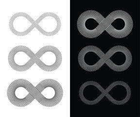 Abstract Infinity Symbol Set. Geometric Loop Icons Made of Radial Lines. Modern Minimalist Vector Logo Elements on Black and White Backgrounds.