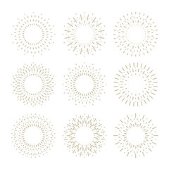 Minimalist Golden Sunburst Ray Set with Retro Vintage Light Rays on White Background. Vector Illustration.
