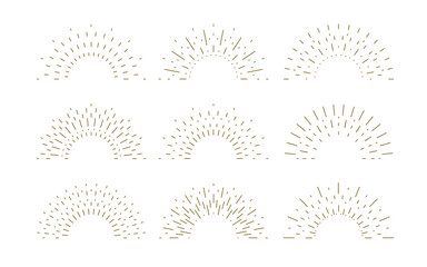 Minimalist Golden Sunburst Ray Set with Retro Vintage Light Rays on White Background. Vector Illustration.