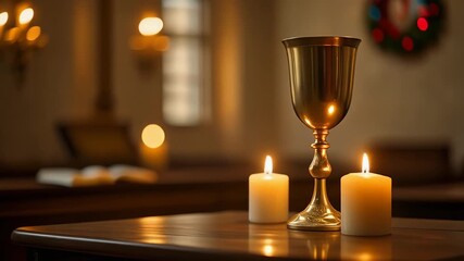 Golden chalice and glowing candles on a wooden altar in a serene church for communion with copy space