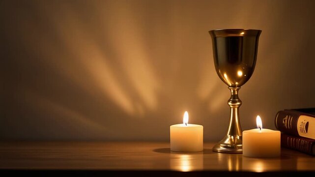 Reverent still life of a communion chalice, holy scriptures, and two flickering candles casting a divine glow with copy space