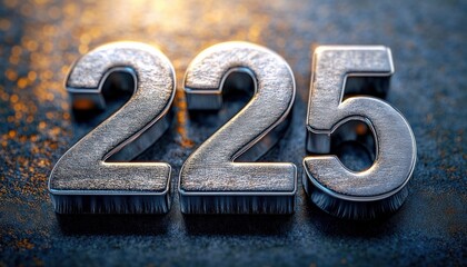 Close-up view of silver metallic numbers 225 with textured surfaces on a dark blue and orange illuminated background