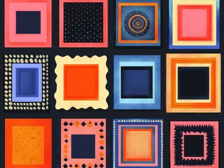 A colorful grid of twelve different abstract geometric squares each featuring unique patterns, shapes, and textures in vibrant colors on a dark background