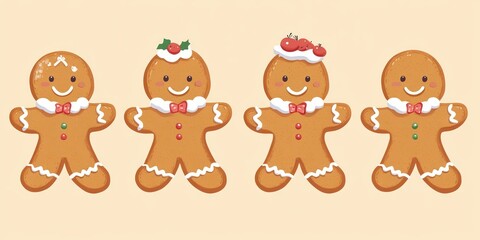 Obraz premium Four smiling gingerbread men decorated with icing, bow ties, colorful buttons, and festive toppings such as holly and cherries on beige background
