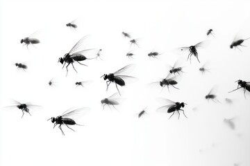 A swarm of black flying insects with translucent wings against a bright white background