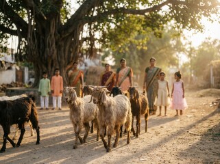 Naklejka premium Close-up of goats walking on a village path with villagers in the background, focusing on livestock rearing.