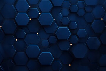 Dark blue 3D hexagonal pattern with small glowing orange dots scattered across the geometric shapes creating a futuristic and tech-inspired look