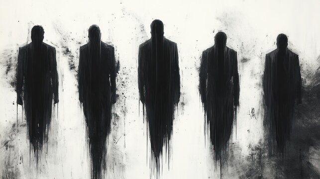 Five shadowy black silhouettes of men in suits standing against a white and gray textured background with dripping paint effects evoking mystery and anonymity - Powered by Adobe