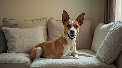 Cute Brown and White Dog Relaxing on Beige Couch in Cozy Living Room