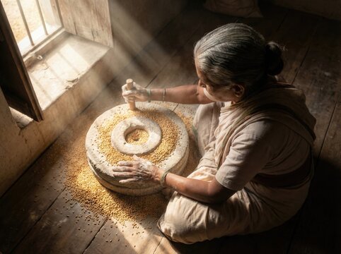 High-angle shot of an elderly woman grinding grain on a traditional stone mill (chakki) in a rustic room with window light.