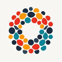 Fototapeta premium Abstract circle composed of variously sized and colored rounded shapes in red, orange, teal, navy blue, and dark gray on white background